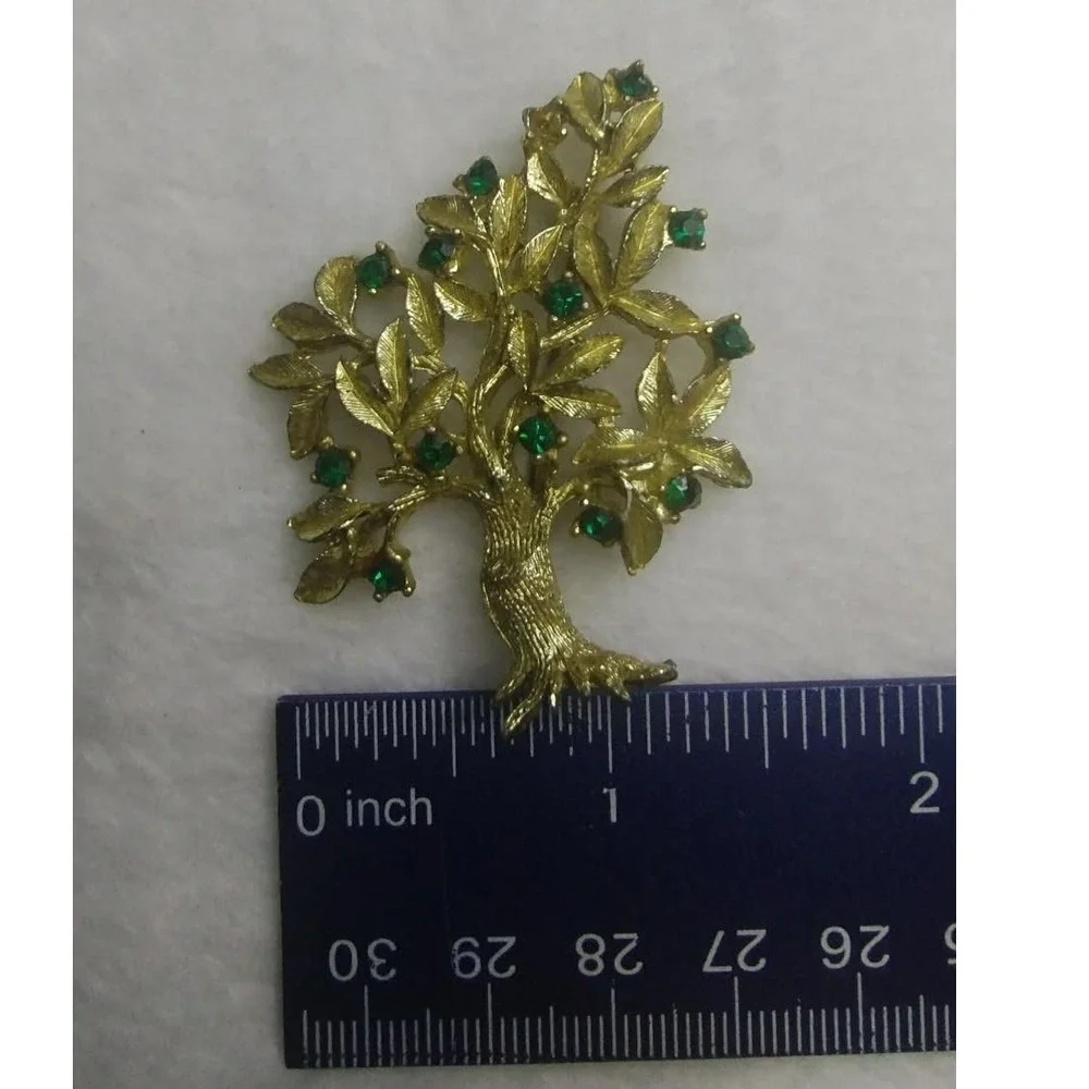Dodds‎ Vintage Tree of Life Brooch Gold Tone Emerald Green Rhinestone Pin